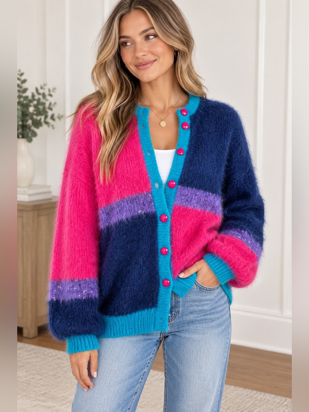 Ayesha Creations England Vintage Mohair Color-Block Cardigan Size Large